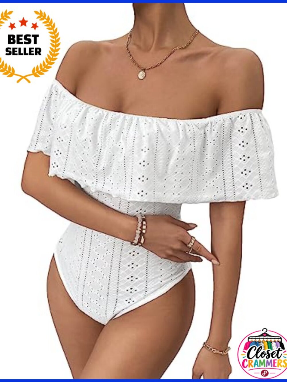 Off Shoulder Ruffle Trim Bodysuit Strapless Eyelet Embroidered
